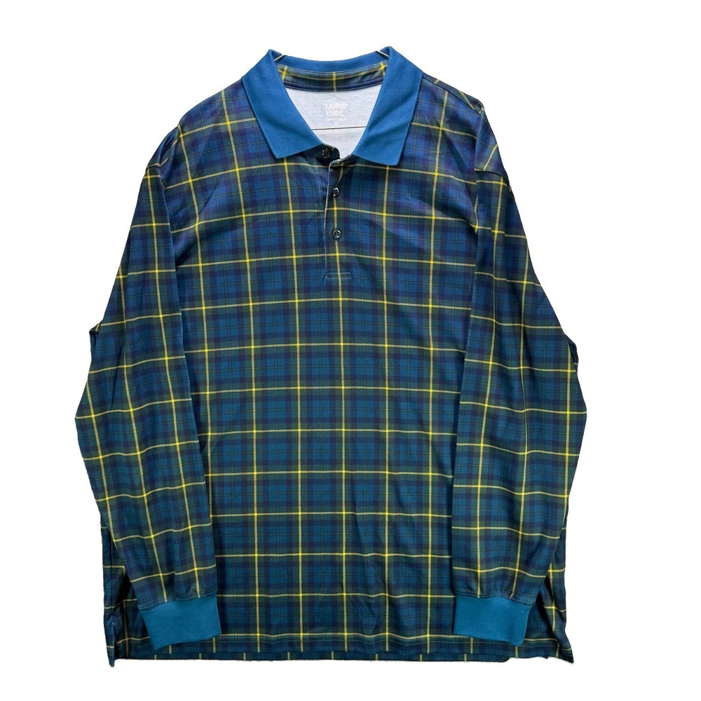 Lands' End Rugby Shirt Mens 2XL Blue Tartan Plaid Stretch Long Sleeve Polo